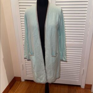 New 100% cashmere Mint Green grey trim  Open Front Cardigan Sweater size M